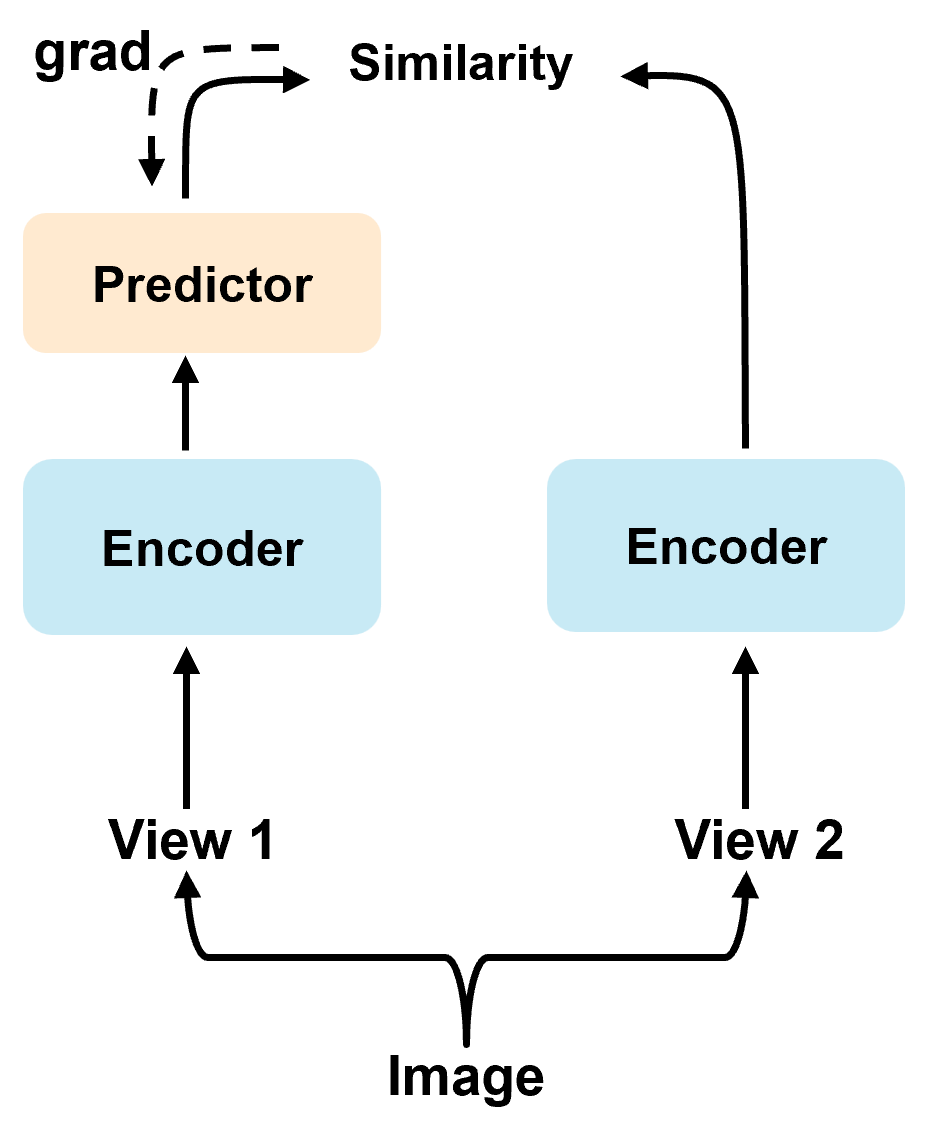 Discriminative self-supervised learning with online and target encoder branches.